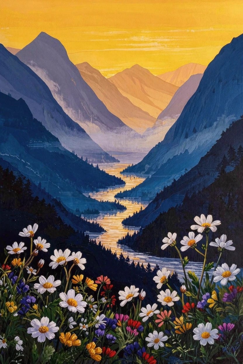 Vertical acrylic landscape of yellow-orange sunset over blue mountains with a winding river in the valley and white daisies in the foreground.