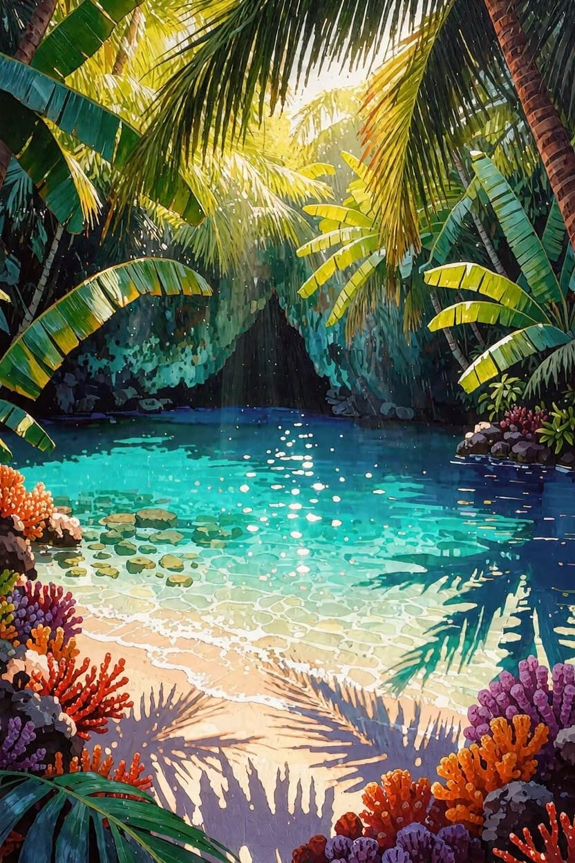 Vibrant painting of a turquoise lagoon in a rocky tropical cove framed by green palms, ferns, and colorful corals with sunlight sparkling on the water.