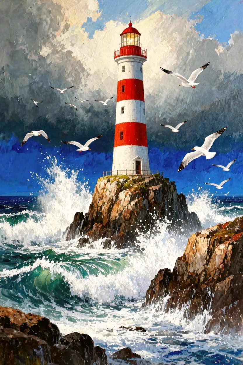 A painting of a red-and-white striped lighthouse on rocky cliffs surrounded by crashing ocean waves, seagulls, and a cloudy sky.