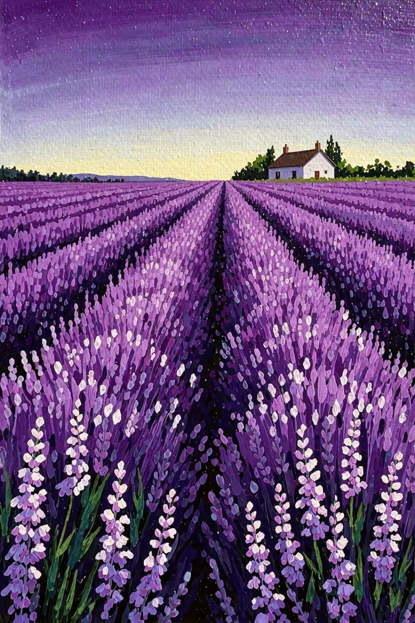 Acrylic painting of purple lavender fields in rows leading to a white cottage with red roof under a violet-to-orange sunset sky.
