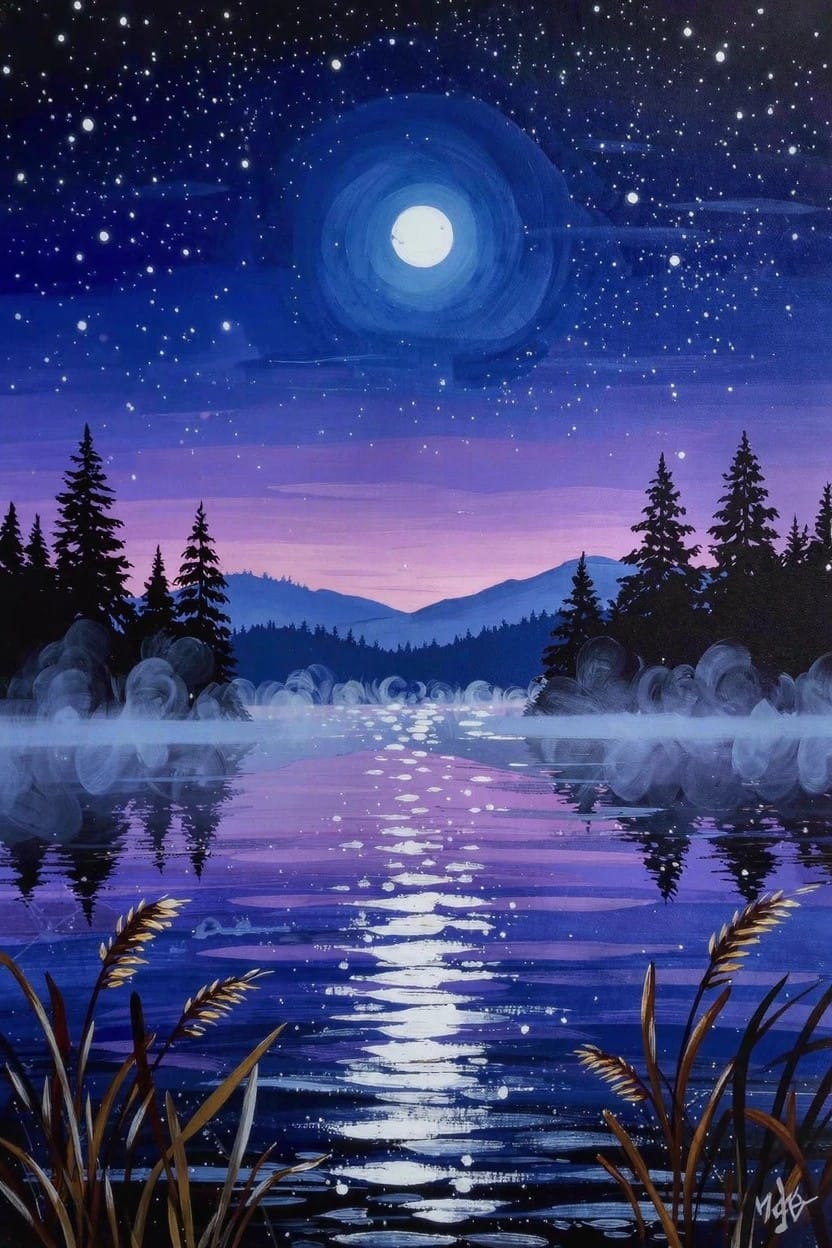 Acrylic painting of a starry purple night sky with full moon reflecting on a misty lake between pine trees, mountains, and foreground reeds.
