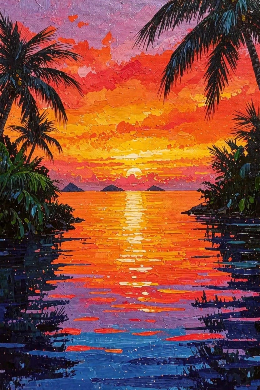Vibrant impasto-style acrylic painting of palm trees framing a sunset over the ocean with distant islands, colorful sky gradient, and water reflections.