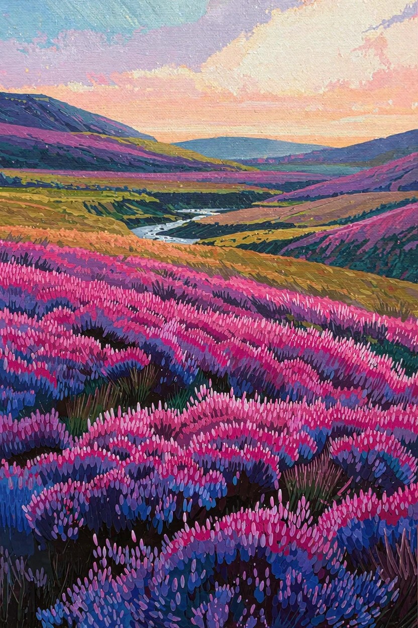 Vibrant painting of purple heather fields on rolling hills with a winding river and sunset sky.