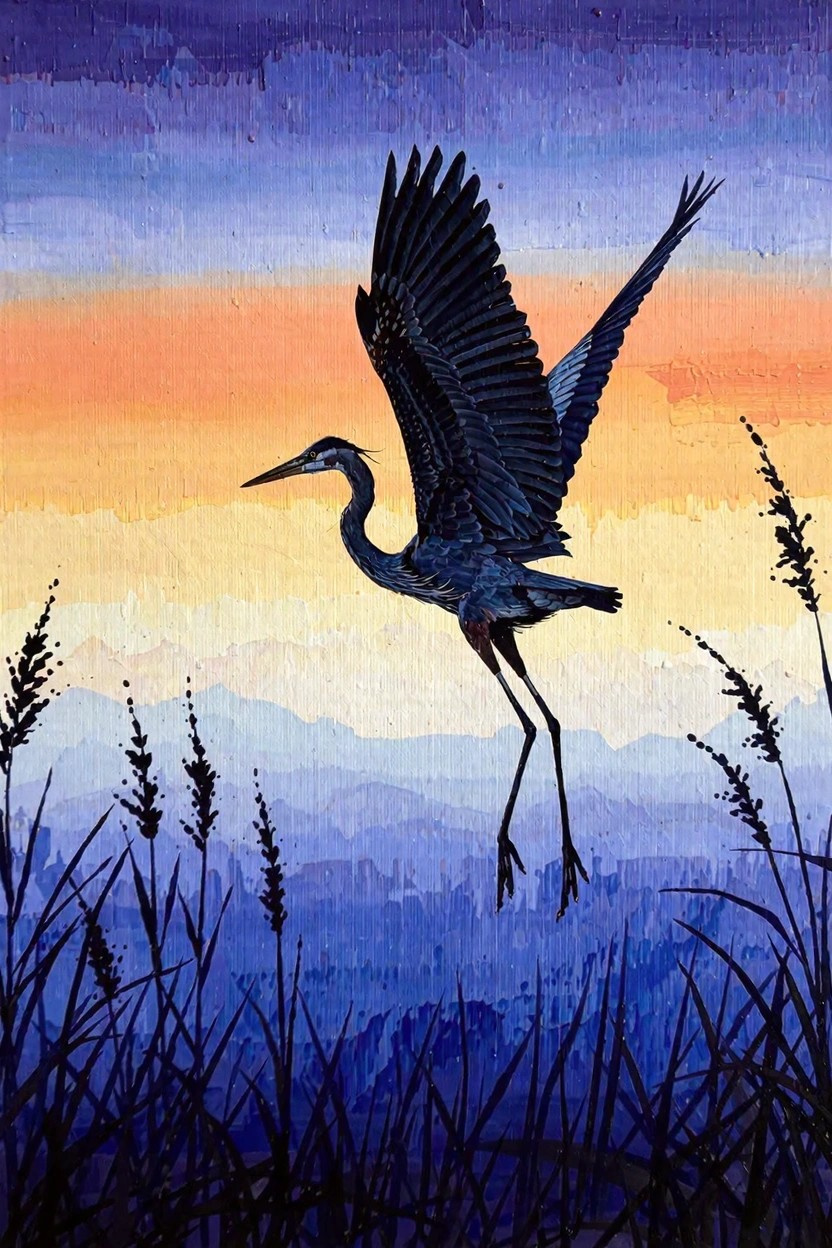 Silhouette of a flying heron against a purple-to-orange gradient sky with foreground reeds and distant purple mountains.