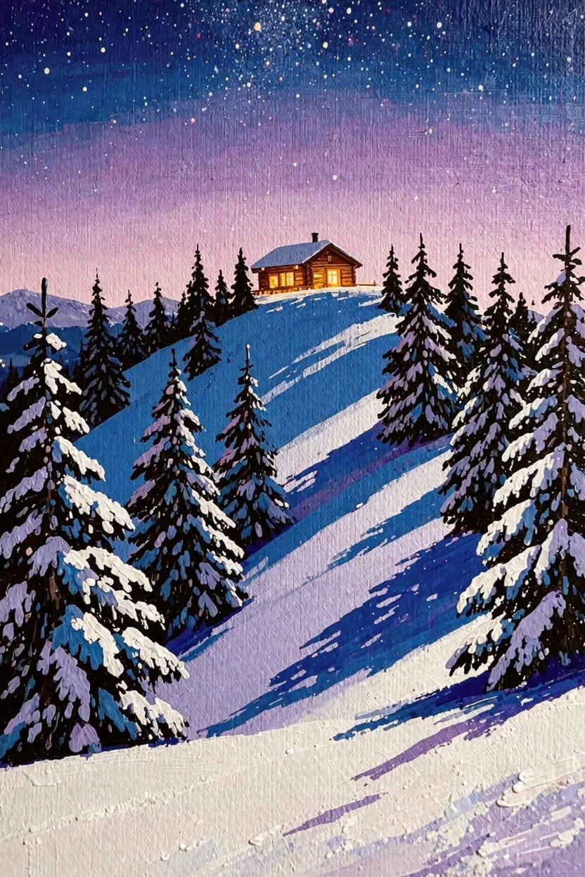 A glowing cabin on a snowy hillside with pine trees and purple starry sky.