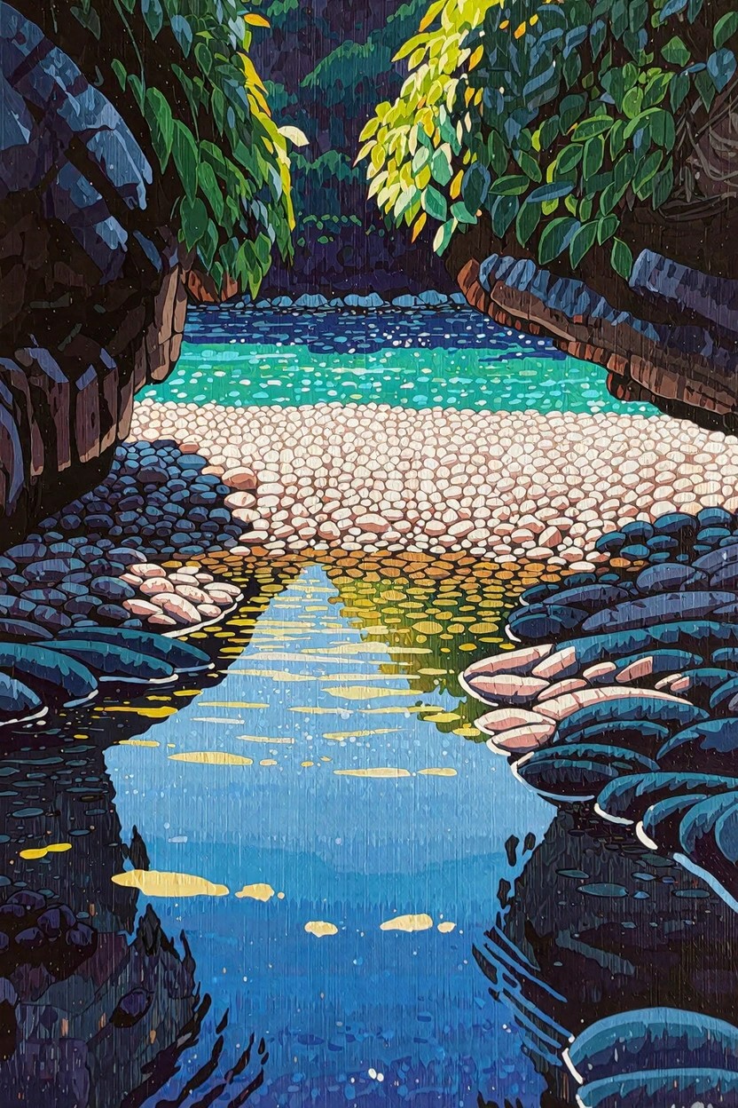 Stylized acrylic-style landscape of a pebbled stream between green foliage-covered rocks, reflecting sunlight and leading to turquoise water.