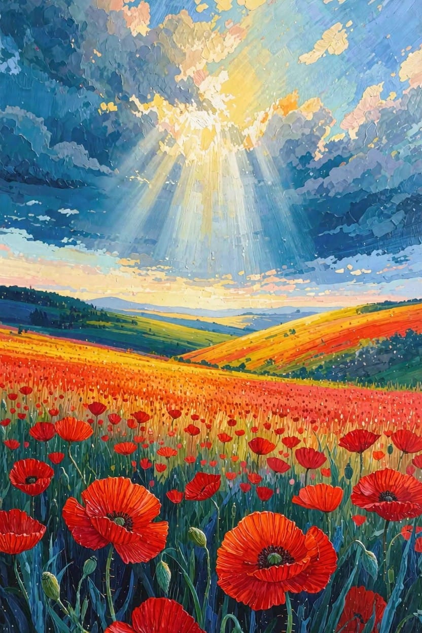 Vibrant acrylic landscape painting of red poppy fields on rolling multicolored hills under a blue cloudy sky with golden sun rays.