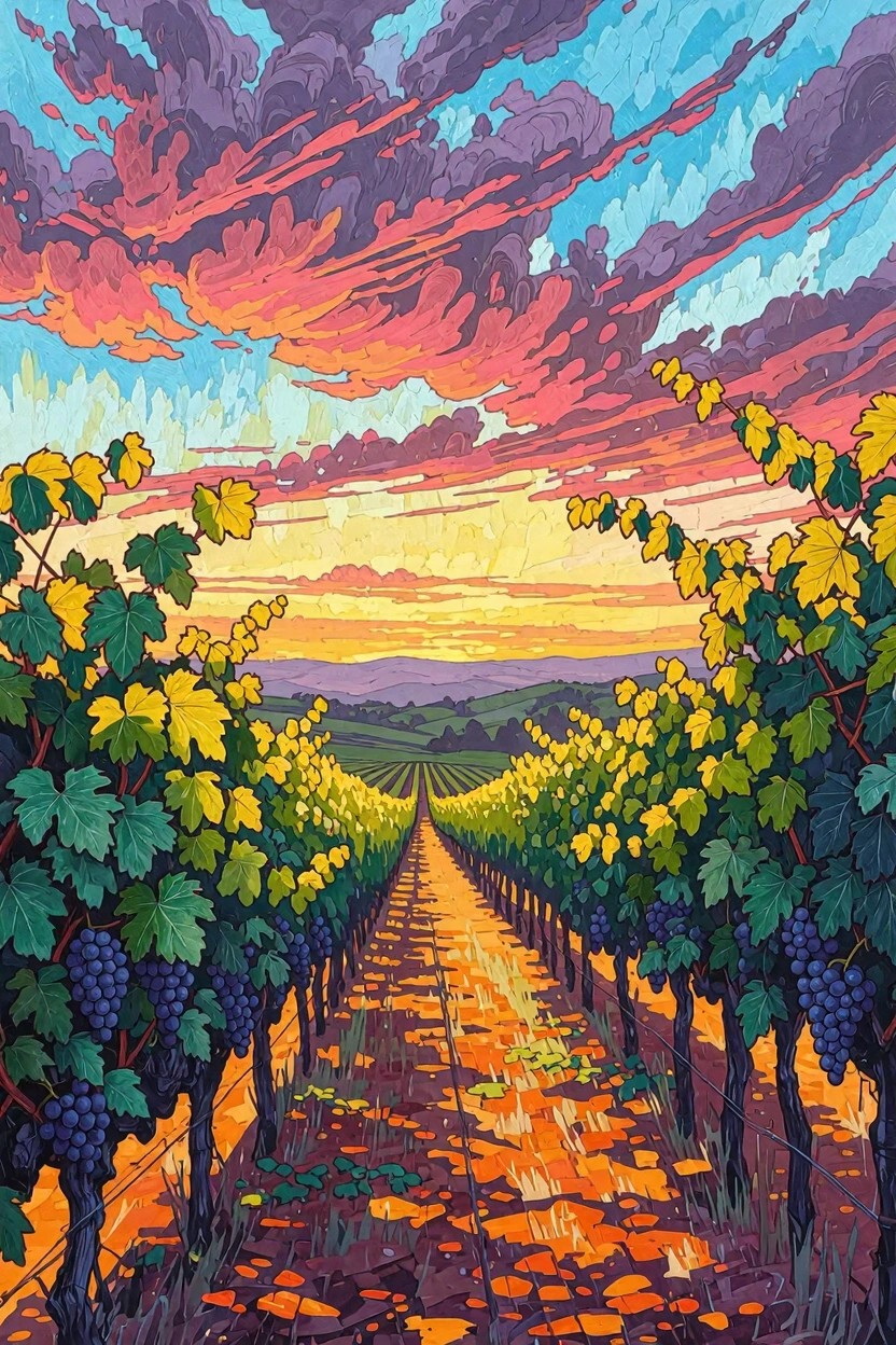 Colorful painting of grapevine rows framing a sunset-lit path through a vineyard toward distant hills.