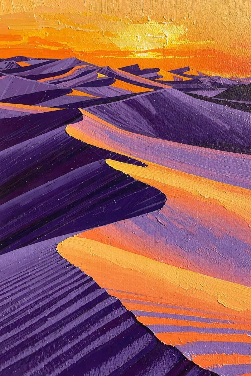 Acrylic painting of curving purple sand dunes lit by an orange sunset glow and yellow sun.