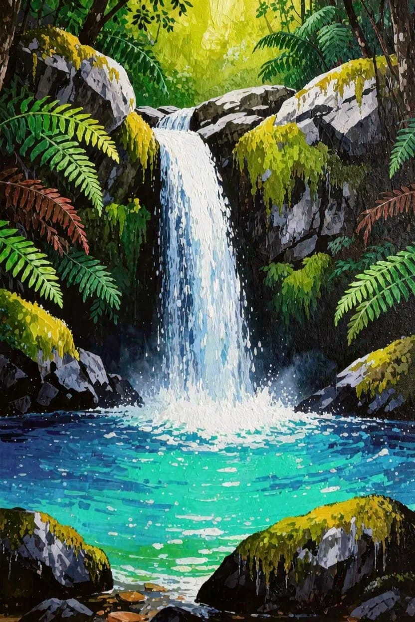 Vibrant painting of a jungle waterfall cascading into a turquoise pool amid green ferns and mossy rocks.