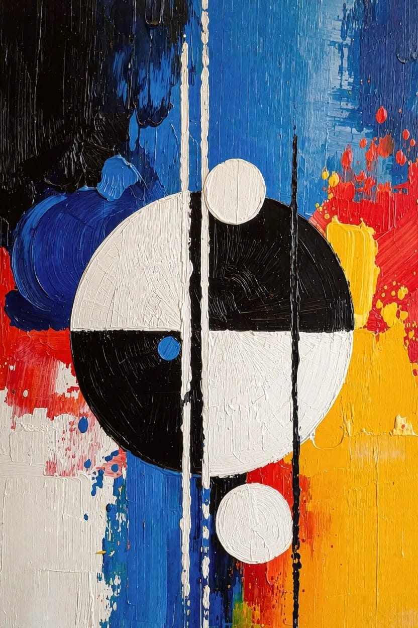 Abstract painting with thick black and white circular shapes divided by a vertical line on a textured multicolored background of blue, red, and yellow.