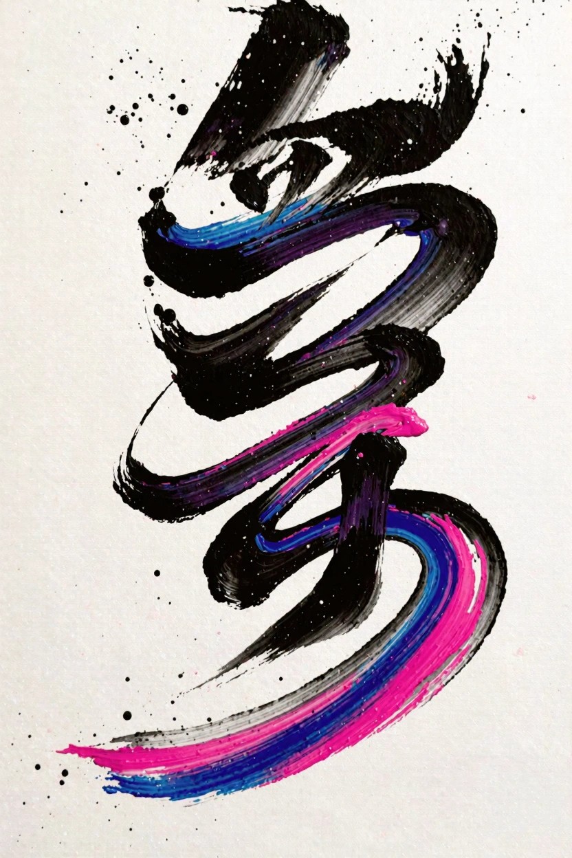 Vertical abstract painting of swirling black brush strokes with blue, pink, and purple accents and splatters on a white background.