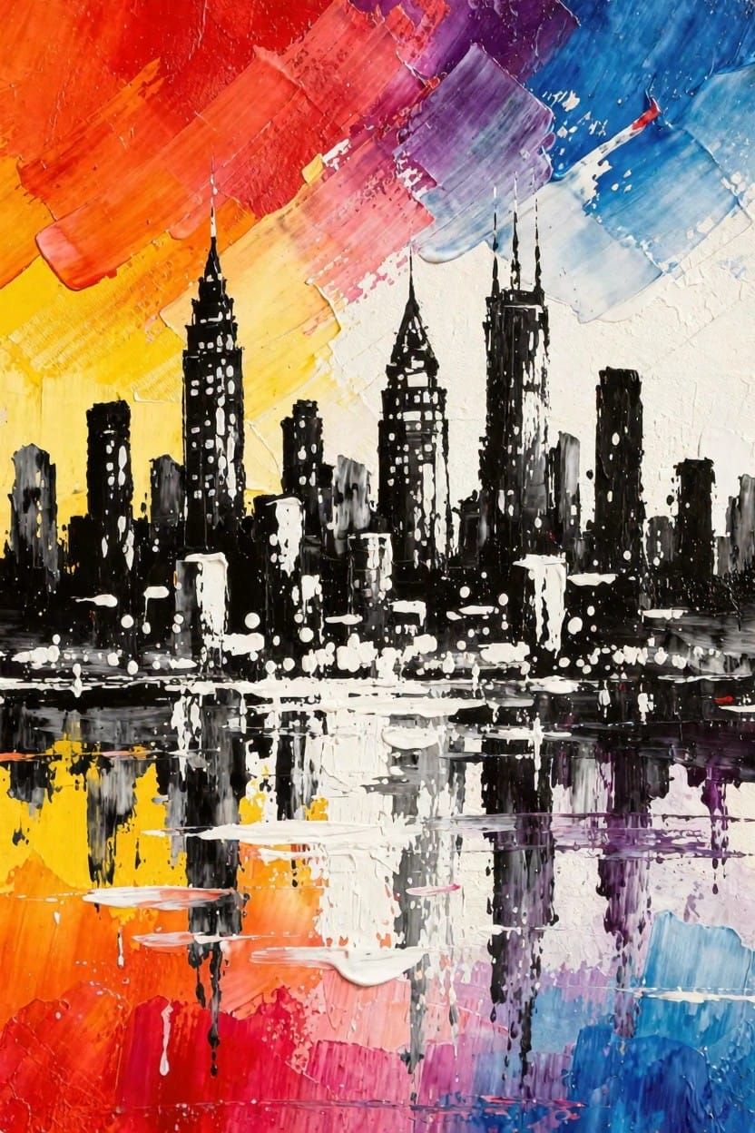 Black and white city skyline silhouette with water reflection set against a vibrant abstract background of red, orange, yellow, purple, and blue brush strokes.