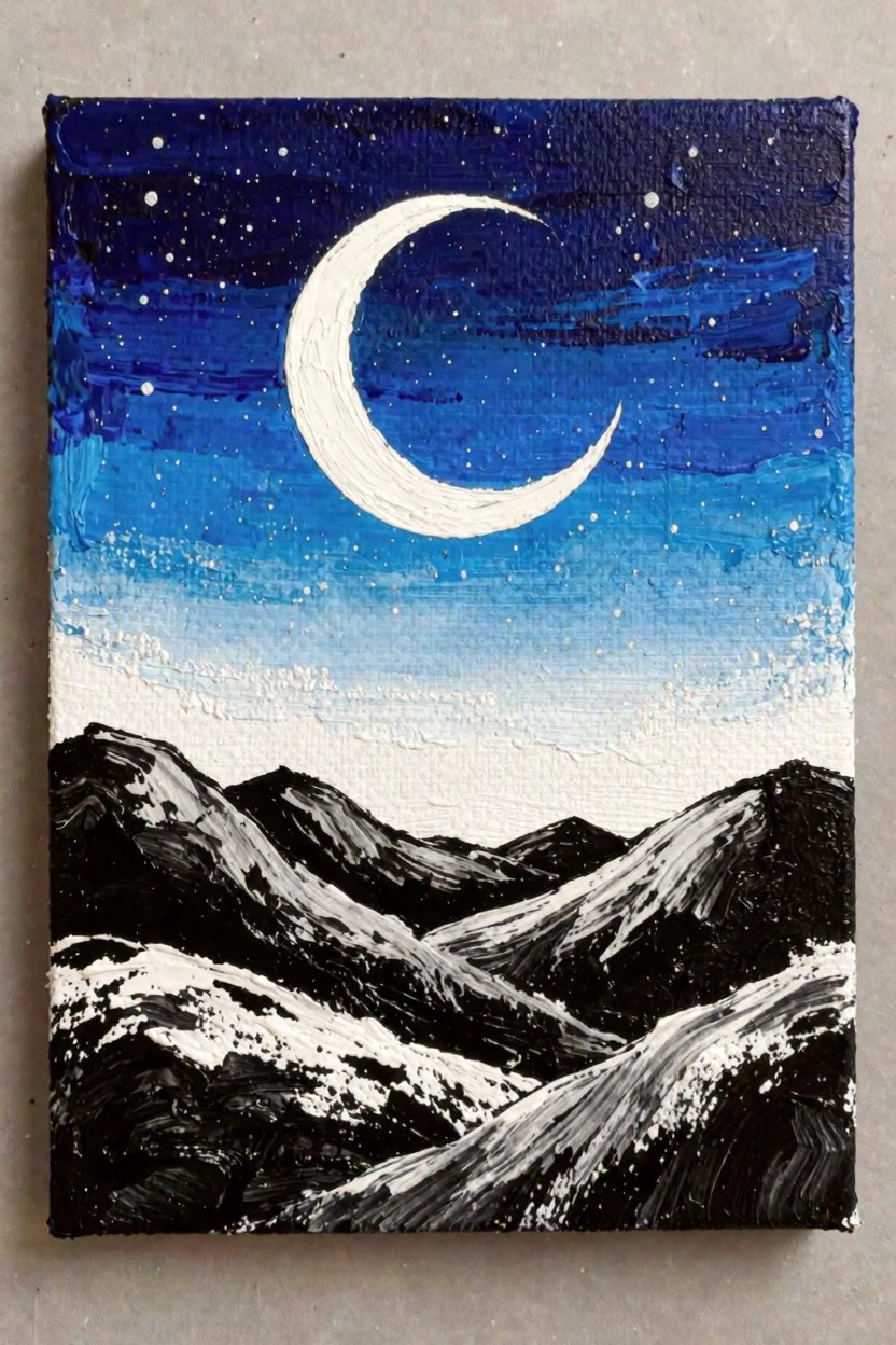 Acrylic painting on canvas featuring a white crescent moon and stars in a blue gradient night sky above layered black and white mountains.