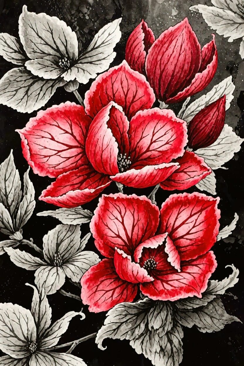 Detailed artwork of clustered red flowers with veined petals and gray-white leaves on a black background.