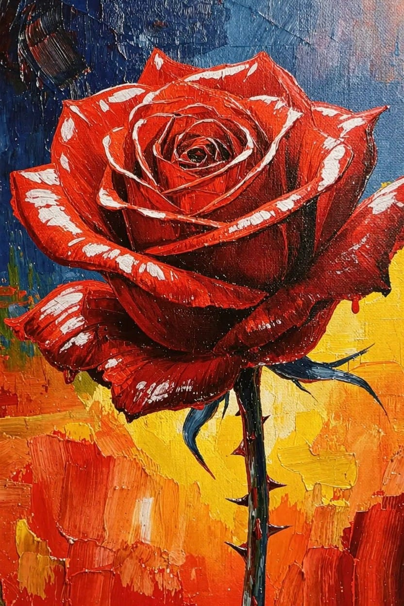 A textured painting of a glossy red rose with thorny stem on a blue-to-yellow abstract background.
