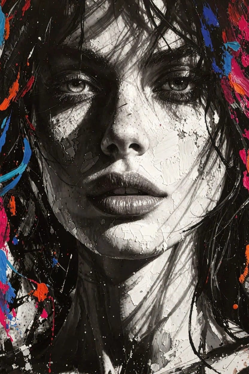 Black and white close-up portrait of a woman with light green eyes, freckled skin, full lips, and dark messy hair streaked with blue, pink, and red paint splatters.