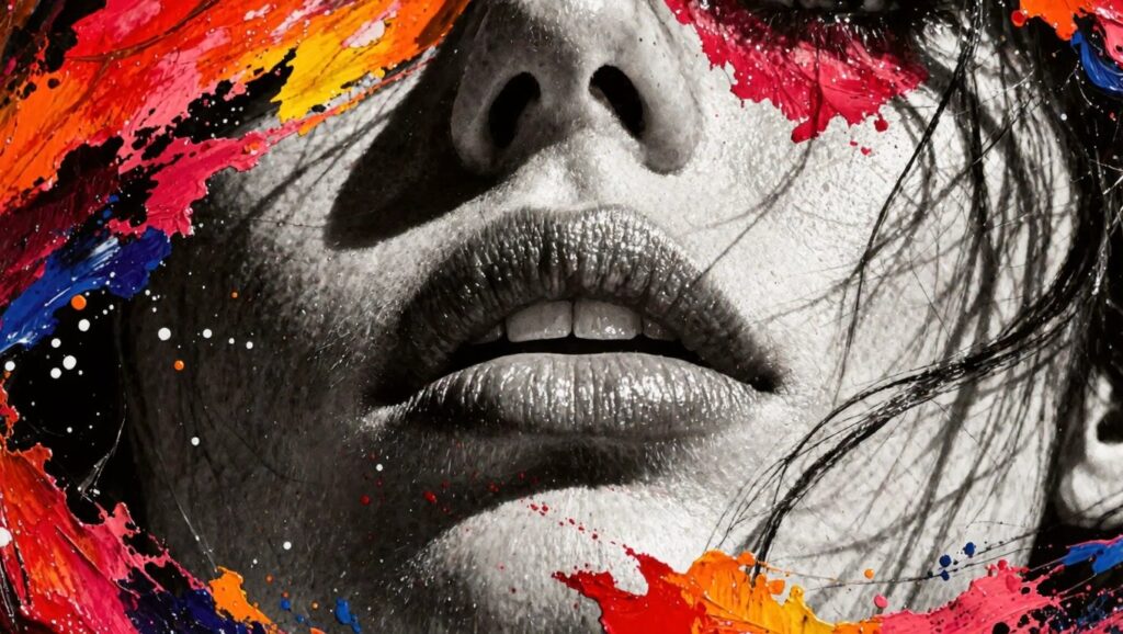 Black and white close-up portrait of a woman with light green eyes, freckled skin, full lips, and dark messy hair streaked with blue, pink, and red paint splatters.