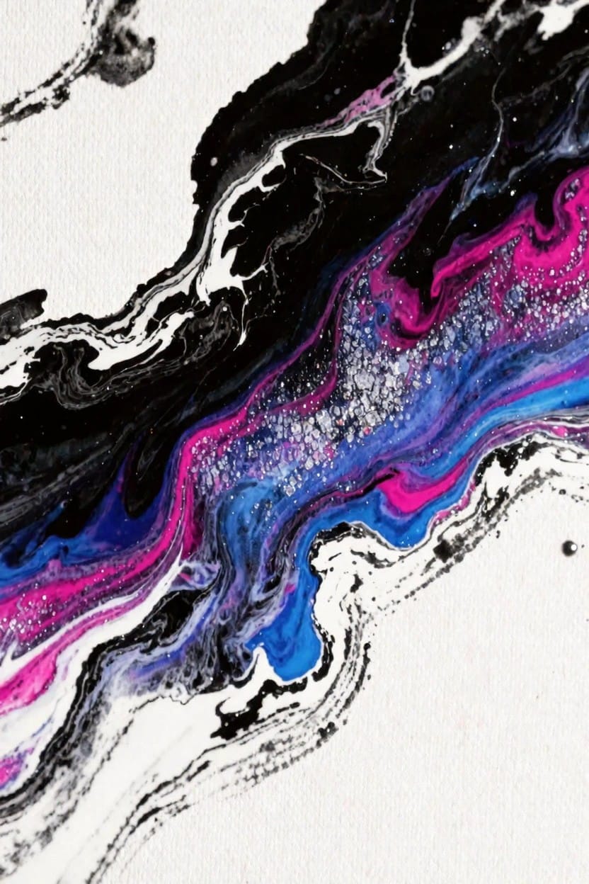 Abstract acrylic pour with black and white fluid streams diagonally across white background, accented by purple, blue, and pink veins with glitter specks.