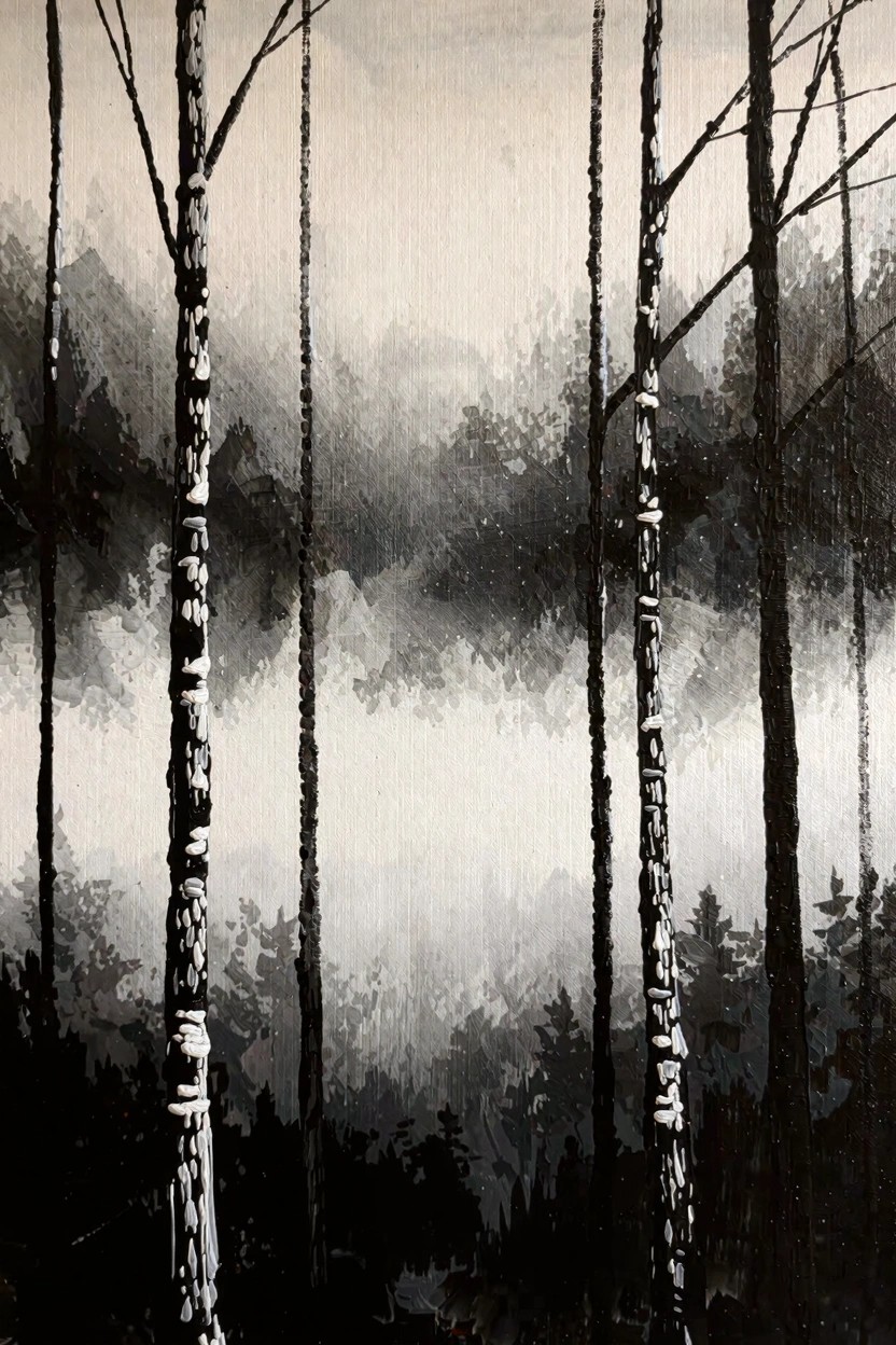 Black and white painting of birch trees in a misty forest with layered depths.