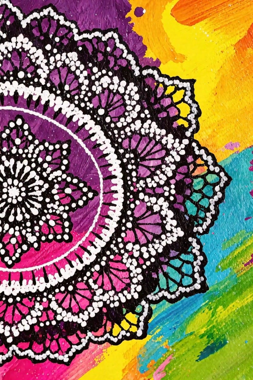 Colorful close-up of a white lace-like mandala on purple with surrounding splattered paint in yellow, orange, pink, green, and blue.