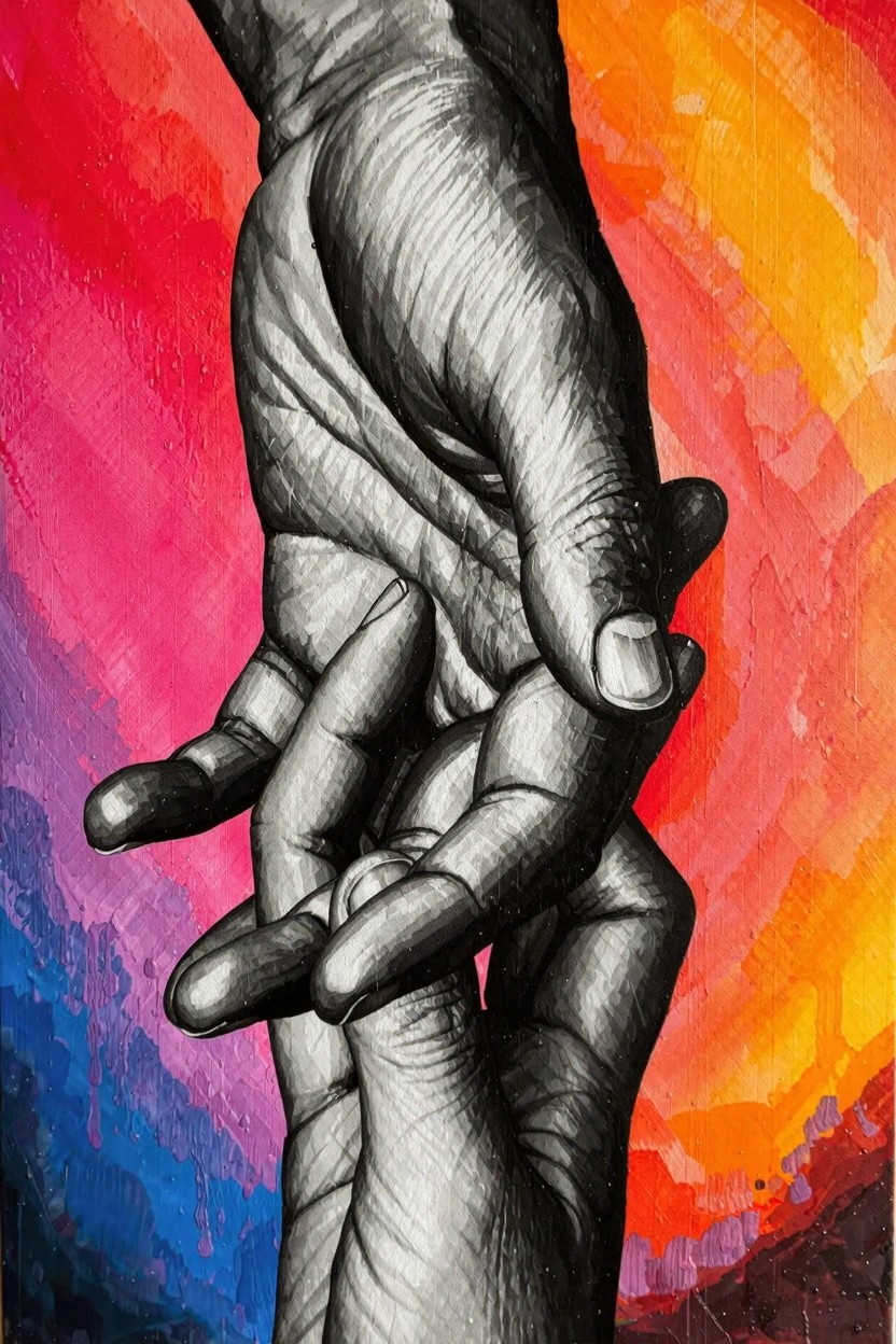 Painting of two detailed black-and-white hands clasped together against a vibrant abstract background of reds, oranges, pinks, blues, and yellows.