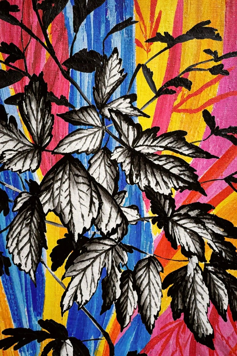 Black and white stylized five-pointed leaves overlapping on a background of blue, yellow, pink, and orange vertical stripes.