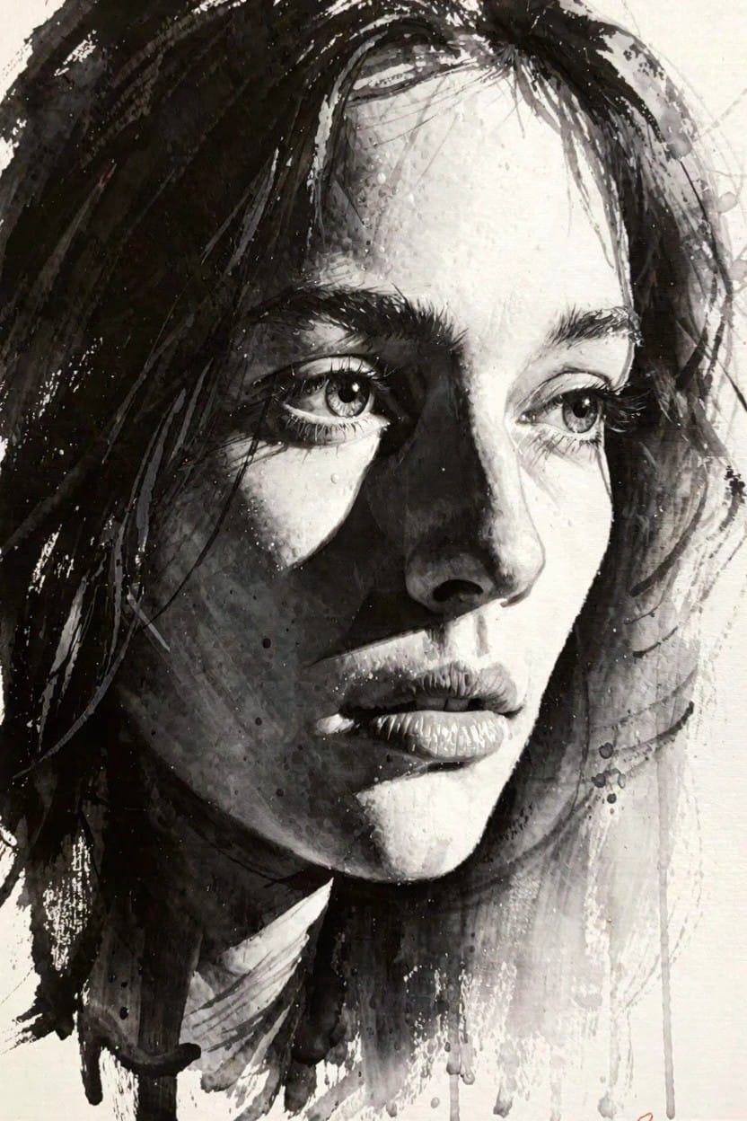 Black ink portrait of a woman in profile with dramatic lighting on her face and loose, drippy hair strokes.