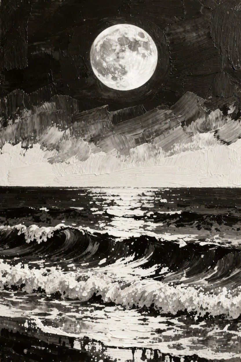 Black and white painting of a full moon over dark ocean waves with a reflection path on the water.