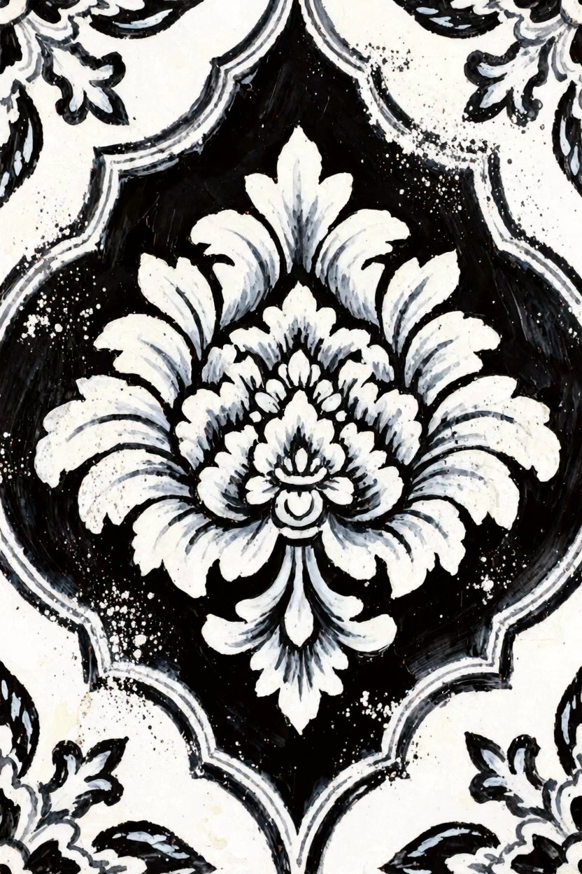 Black and white acrylic painting of an intricate damask floral design with white leaves and blooms on a black background.
