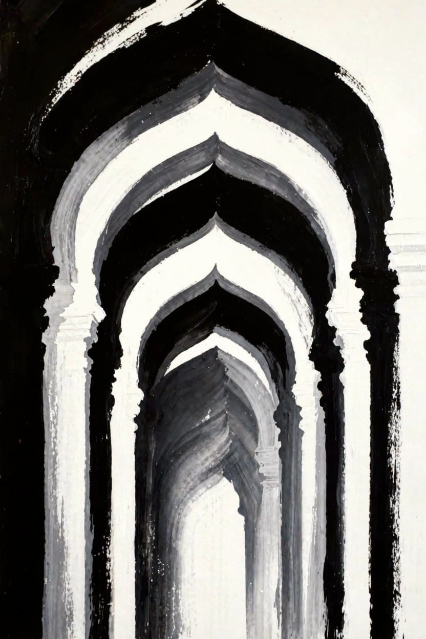 Black and white acrylic painting of multiple overlapping pointed arches receding into depth with brushy strokes and gray shading.