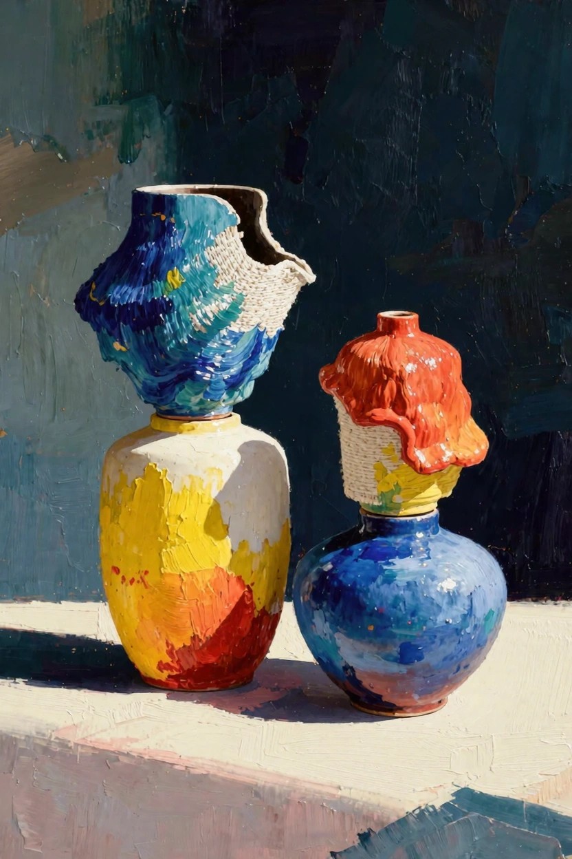 Painting of two colorful abstract ceramic vases side by side on a light surface against a dark background.