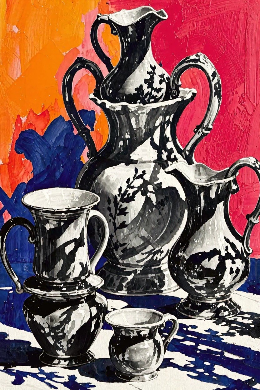 Still life of black-and-white ornate pitchers and jugs stacked and grouped on a surface with colorful abstract background and shadows.