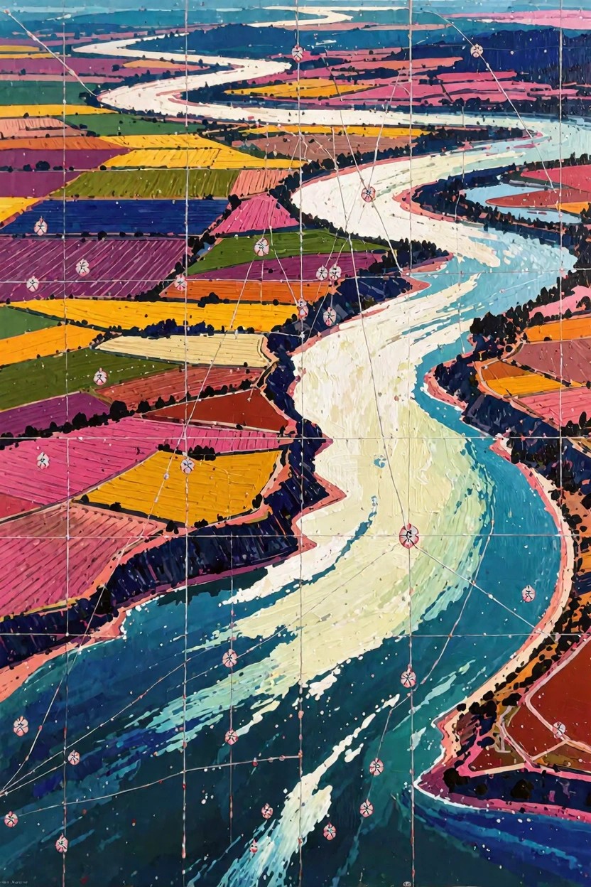 Aerial view painting of a white winding river through colorful geometric fields in pinks, yellows, greens, purples, and oranges.