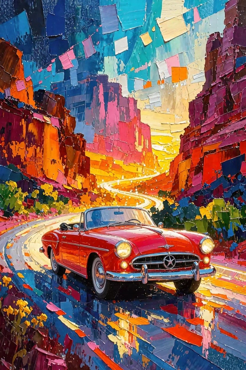 Vibrant impasto painting of a red vintage convertible driving a curving road through layered red and orange rock canyons.