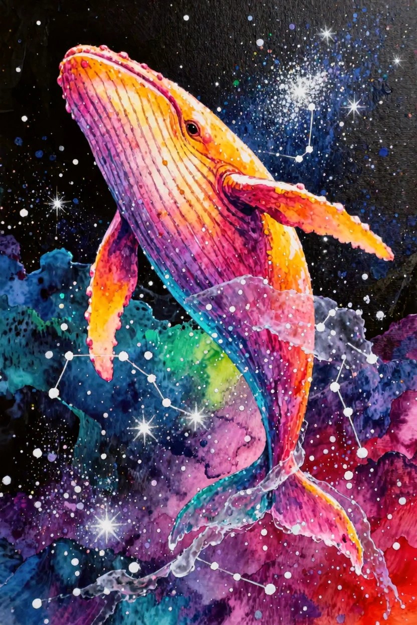 Colorful acrylic-style painting of a humpback whale leaping upward through a starry galaxy with constellations and nebula clouds.