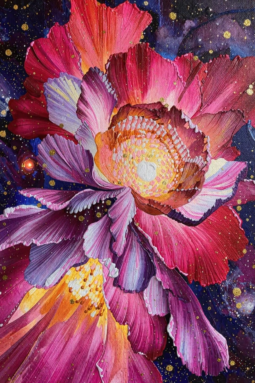 A detailed close-up painting of a large multicolored peony flower with layered pink, purple, and red petals and a glowing yellow center against a starry navy galaxy background.