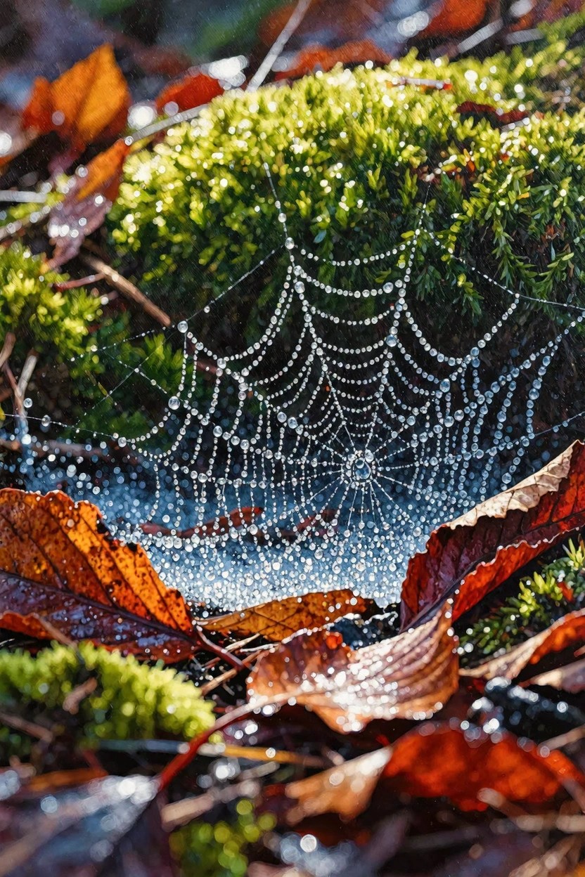 Close-up view of a spider web glistening with dew drops on green moss surrounded by orange autumn leaves.
