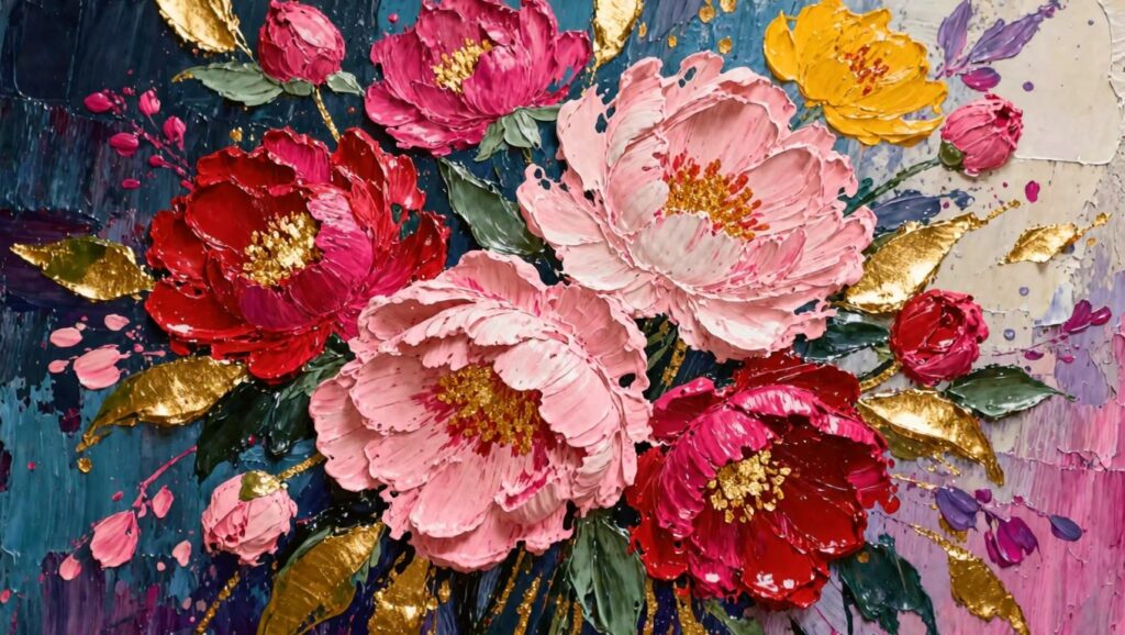 Textured painting of clustered red and orange peonies with gold leaves on a dark teal background.