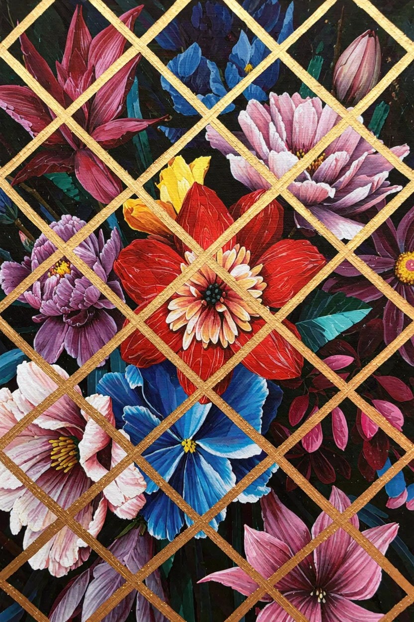 Colorful flowers including reds, pinks, blues, and purples arranged and overlapping within a gold grid lattice on a dark background.