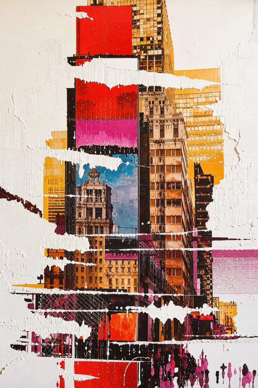 Abstract collage of overlapping colorful skyscraper fragments on textured white background.