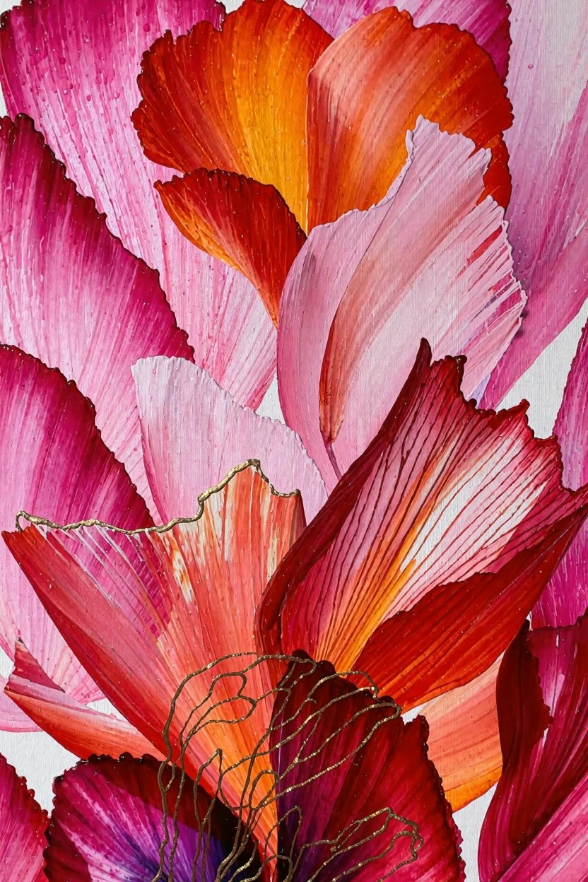 Close-up of overlapping ruffled poppy petals in pinks, oranges, reds, and purples on a white background with gold outlines.