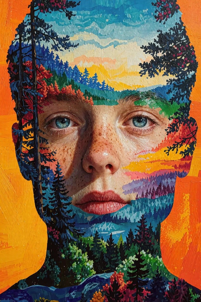 A surreal portrait of a freckled face with blue eyes where the head integrates colorful forests, mountains, sky, and rivers.