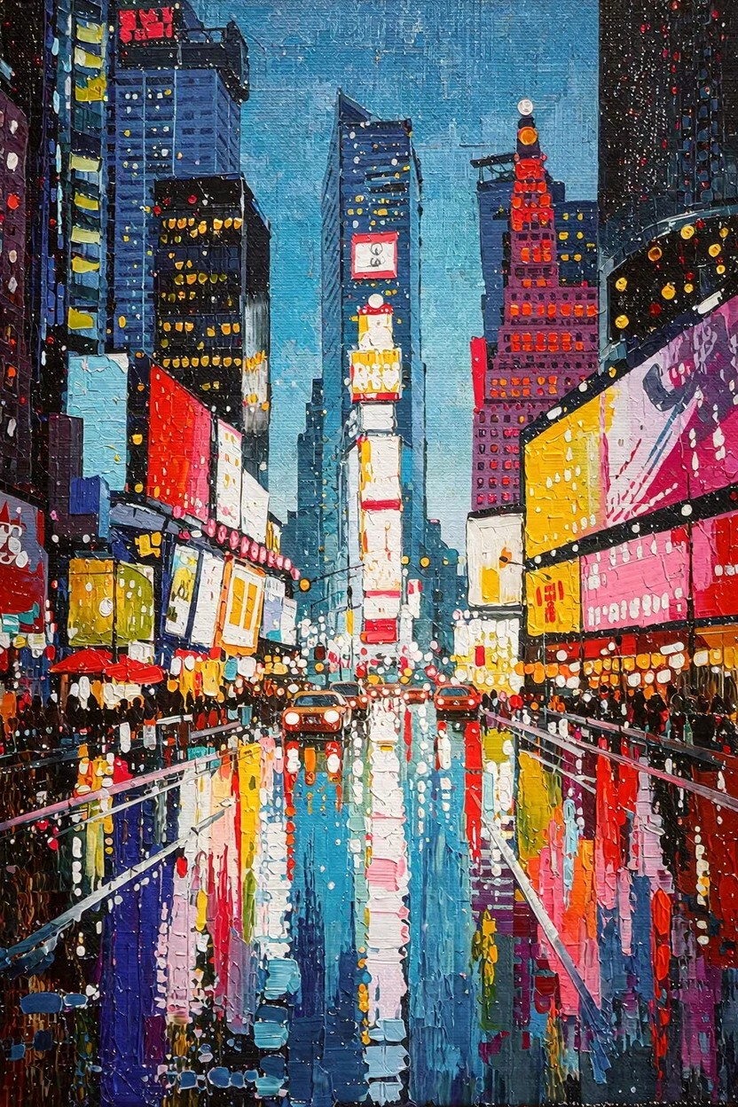 Acrylic painting of Times Square at night with colorful neon lights reflecting on wet pavement between skyscrapers.