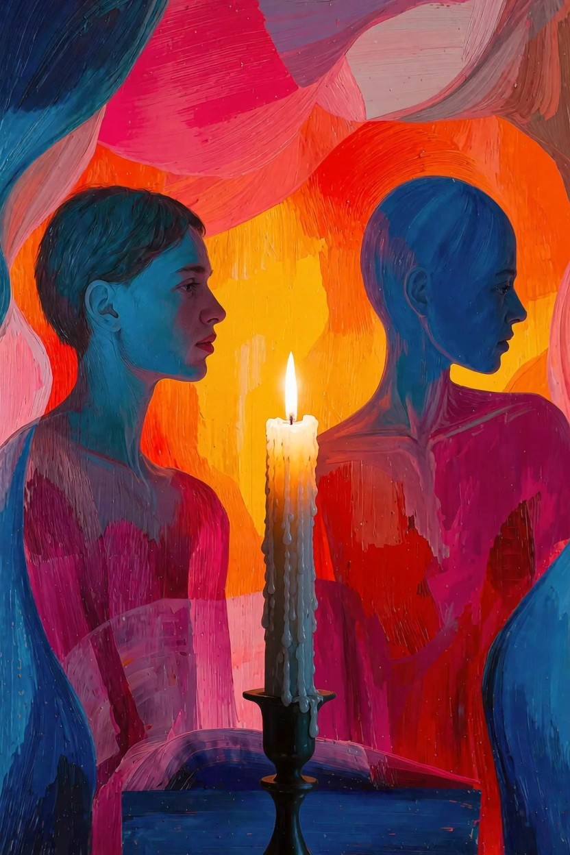 Two silhouetted female profiles in blue and pink tones face each other with a lit candle between them on a dark base against swirling colorful abstract background.