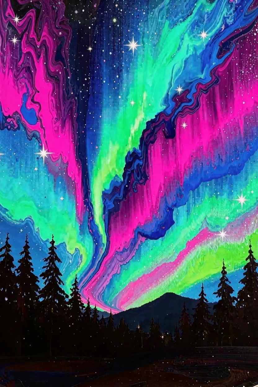 Vibrant swirling aurora borealis in pink, purple, green, and blue over dark silhouetted pine trees and mountains under a starry sky.