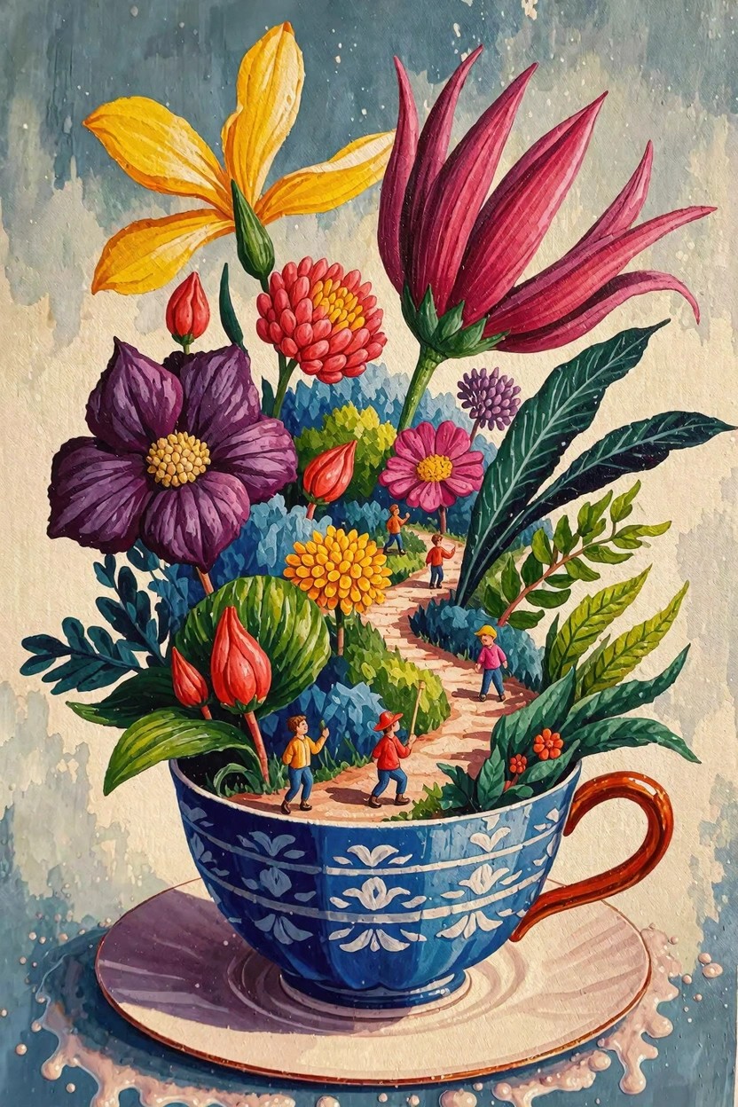 A gouache-style painting of a blue teacup on a saucer overflowing with colorful flowers and plants forming a miniature winding path with tiny walking figures inside the cup.