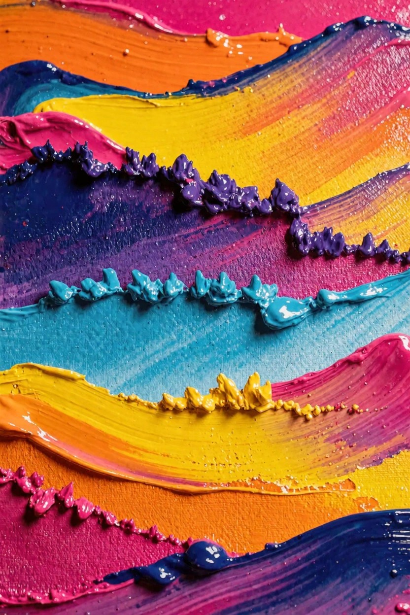 Close-up of thick, layered brushstrokes in vibrant orange, pink, yellow, purple, blue, and turquoise acrylic paints forming abstract wavy ridges.