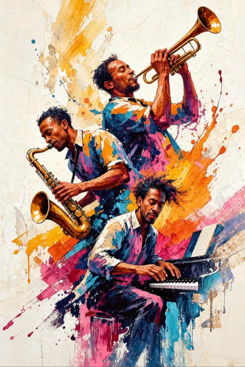 Three stylized Black jazz musicians playing trumpet, saxophone, and piano amid vibrant yellow, orange, pink, and blue paint splatters on a textured background.