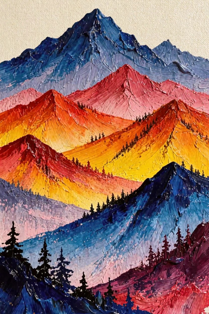 Layered mountain peaks in blues, purples, reds, oranges, and yellows with dark pine trees in the foreground, painted in thick textured brushstrokes.